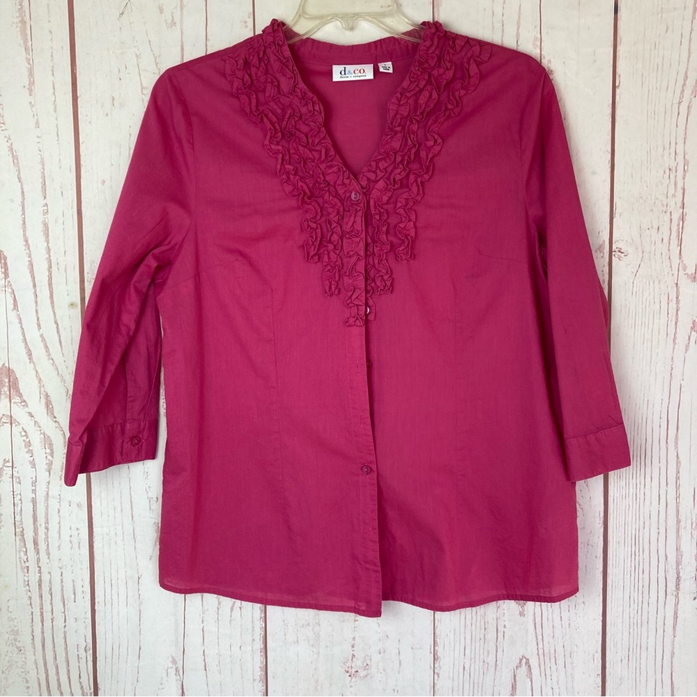 Denim & Co L Large Solid Pink V Neck Long Sleeve Thin Cotton Ruffle Front Button